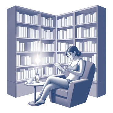 A cozy corner of a bookstore is filled with tall bookshelves, neatly arranged with a variety of novels and books. In this serene setting, a woman is seated comfortably in an oversized armchair, surrounded by soft cushions. She is wearing a casual bra and appears deeply engaged in the novel she is reading. The light from a nearby lamp casts a warm glow, illuminating her focused expression. A small side table next to her holds a steaming cup of tea, adding to the inviting atmosphere of the space.
