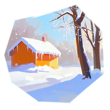 A frosty landscape featuring a blanket of freshly fallen snow that covers the ground and trees. Icicles hang from the branches and rooftops, glistening in the sunlight like diamonds. Delicate snowflakes are caught in the air, sparkling like tiny gems as they drift downwards. In the background, the silhouettes of barren trees create a stark contrast against the bright white snow. The sky is a clear blue, enhancing the overall brilliance of the scene.