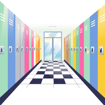A school hallway features rows of metal lockers in various colors lining both sides. The lockers are adorned with combination locks, and some have small notes or magnets attached. Brightly colored classroom doors are situated intermittently along the walls, each with a window at the top. The floor is tiled with checkerboard patterns in black and white. At the far end of the hallway, there is a large glass door that provides a view of the outside, where sunlight streams in, illuminating the space and creating a welcoming atmosphere. The walls are painted in a light shade, enhancing the brightness of the hallway.