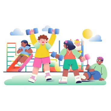 A group of four children are playing in a colorful playground filled with swings and slides. Two of the children, a boy with curly brown hair and a girl with straight black hair, are using bright blue dumbbells as makeshift toys. The boy is lifting a dumbbell above his head with a joyful expression, while the girl is pretending to race with a dumbbell in each hand. Nearby, a girl with pigtails is climbing on a red slide, and a boy with glasses is sitting on the ground, laughing. The sun is shining brightly, casting playful shadows on the grass beneath them.