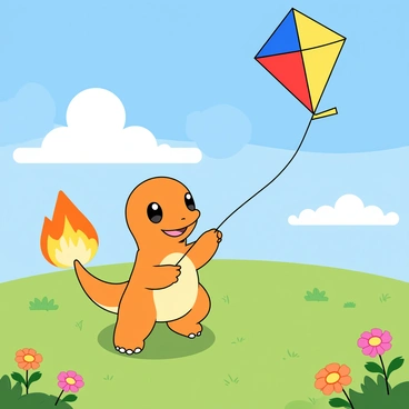 A small Charmander with bright orange skin and a flame on its tail is standing on its hind legs in a lush, green open field. The character has wide, cheerful eyes and a big smile, showcasing its playful nature. In its tiny hands, Charmander is holding a colorful kite that has a blue, red, and yellow diamond pattern. The kite is soaring high in the blue sky, with fluffy white clouds scattered across it. The field is dotted with vibrant wildflowers in various colors, adding to the cheerful atmosphere of the scene. The sunlight casts soft shadows, emphasizing the joyful moment of Charmander flying the kite.