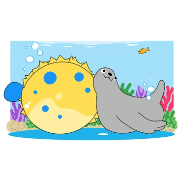 A round puffer fish with vibrant yellow and blue spots is floating playfully in clear water. Its body is slightly inflated, showcasing its spiky texture. Nearby, a curious seal with soft gray fur and bright eyes is peering at the puffer fish, tilting its head in a playful manner. The background features colorful coral and a few small fish swimming around, adding a lively underwater scene. Bubbles are rising around the puffer fish, enhancing the whimsical atmosphere of their interaction.