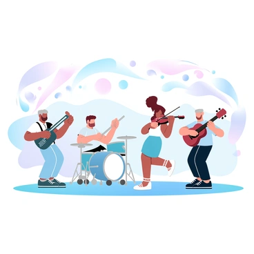A group of senior musicians is performing on stage. One musician is playing a saxophone, while another is strumming a guitar. A drummer is seated at the back, energetically keeping the rhythm. A woman is standing in the front, playing a violin with enthusiasm. Behind them, colorful musical notes are illustrated in a swirling pattern, adding to the vibrant atmosphere of the performance. The stage is adorned with soft gradient pastel colors that enhance the lively scene.