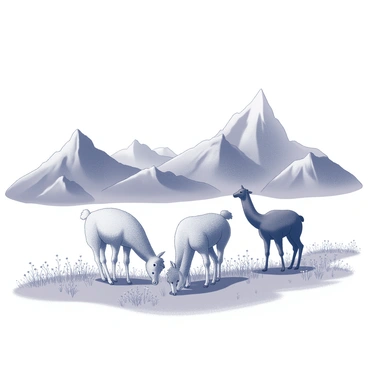 A highland plateau with several llamas grazing peacefully on the grass. The llamas have thick, fluffy coats and are situated among patches of wildflowers. In the background, there are rugged mountains with sharp peaks, their rocky surfaces creating dramatic contrasts against the sky. The landscape is expansive, showcasing the natural beauty of the plateau, with tufts of grass swaying gently in the breeze.