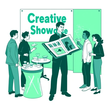 A teal artist stands confidently in front of a group of potential clients at an agency event. The artist is holding a portfolio filled with vibrant illustrations, displaying various pieces that capture attention. Surrounding the artist, there are several interested clients, each holding a drink and leaning in to examine the portfolio closely. The background features a large banner with the words "Creative Showcase" in bold, decorative font, and there are elegant tables with refreshments nearby. The overall atmosphere is lively and engaging, with bright lighting illuminating the scene.