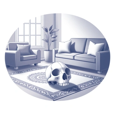 A cat skull positioned in the center of a patterned rug. The rug features intricate designs and shapes, creating a rich texture beneath the skull. The living space is filled with soft furnishings, including a plush sofa and an array of cushions. Natural light streams in through a nearby window, casting soft shadows across the scene. A small potted plant with broad leaves is visible in the background, adding to the cozy ambiance.
