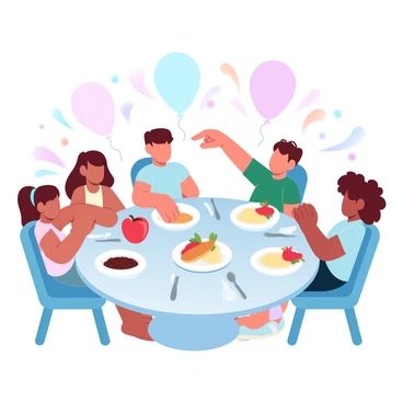 A group of young children are sitting around a round dining table, each with a colorful plate filled with various types of food. The table is set with cheerful utensils and napkins. One child is reaching for a bright red apple on their plate, while another is excitedly pointing at a bowl of pasta. The background features vibrant decorations, including balloons and streamers, adding to the festive atmosphere.