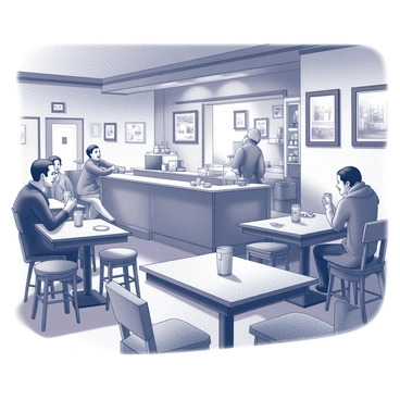 An interior view of a cozy pub in Dundee during the evening. The space is warmly lit, creating a welcoming atmosphere. Several wooden tables are scattered throughout, with groups of friends seated and engaging in lively conversation. Some are holding drinks, while others are leaning in, laughing and sharing stories. The walls are adorned with various vintage memorabilia and local artwork, enhancing the pub's charm. In the background, a bartender is preparing drinks, contributing to the lively ambiance of the scene.