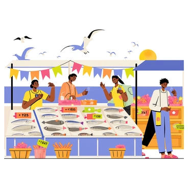 A bustling fish market set in a vibrant coastal village. Stalls are filled with a variety of fresh fish, including shiny silver sardines, large red snapper, and bright orange clownfish. Vendors, wearing colorful aprons, enthusiastically call out prices to passing customers. Baskets overflow with crustaceans like crabs and shrimp, while seagulls circle above. Bright banners hang above the market, fluttering in the ocean breeze. The sun casts a warm glow, illuminating the scene and highlighting the lively atmosphere of the market.