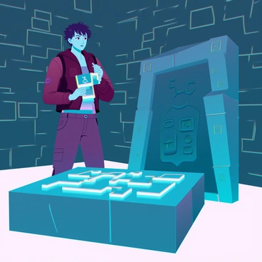 An adventurer with medium skin and short, tousled dark hair is standing inside an ancient pyramid. The environment is dimly lit, with flickering torches casting shadows on the stone walls covered in intricate hieroglyphs. The adventurer wears a rugged leather jacket, cargo pants, and sturdy boots. In front of them is a large stone pedestal featuring a complex puzzle made up of interlocking pieces that glow faintly. The adventurer is intently studying the puzzle, with one hand poised to move a piece. Behind them, a heavy stone door is partially visible, adorned with ancient symbols and resting on the floor, hinting at the secrets it guards.