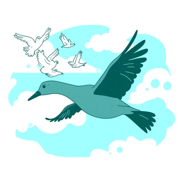 A teal drake is soaring gracefully in the sky, surrounded by a group of small, white friendly birds. The drake has glossy feathers that glisten in the sunlight, and its wings are spread wide as it glides. The flock of birds flutters around the drake, their wings creating gentle motion as they playfully circle it. The sky is bright and clear, providing a vibrant backdrop for this lively scene.