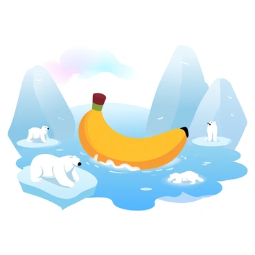 A banana boat is gliding through icy waters surrounded by towering icebergs in various shades of blue and white. The boat is brightly colored, contrasting with the cool tones of the landscape. A few polar bears are seen on nearby ice floes, some standing and others lying down, their white fur blending softly with the ice. The water is a clear blue, reflecting the sunlight, while the sky above is a gradient of pastel colors, suggesting a serene atmosphere.