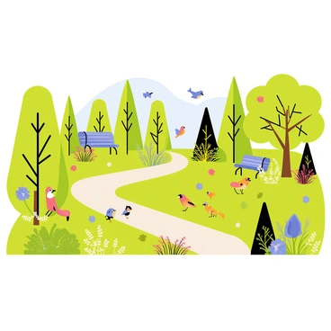 A city park filled with a variety of plants, including tall green trees, colorful flowering bushes, and patches of bright green grass. Several birds, such as blue jays and robins, are perched on branches and flying above. Small creatures, like squirrels and butterflies, are seen interacting with the environment. A winding path leads visitors through the diverse flora and fauna, with benches placed for resting and enjoying the surroundings. A clear blue sky provides a backdrop to this vibrant scene.