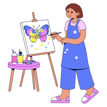 An artist standing at an easel, focused on creating a painting. The easel holds a white canvas with an intricately detailed depiction of a "vibrant papillon butterfly" in various colors. The artist is using a palette of bright colors, with a paintbrush poised in hand, capturing the delicate features of the butterfly. The artist has short brown hair and is wearing a blue apron covered in paint splatters. A small table nearby holds additional paint tubes and brushes, while a soft light illuminates the scene.