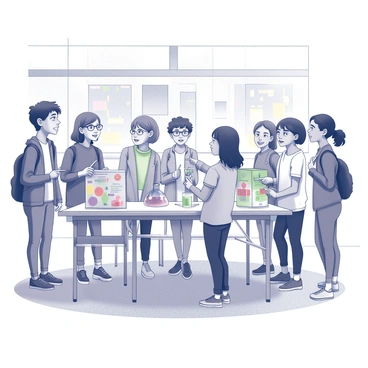 A group of students stands in a school gymnasium, each displaying their science projects on tables. The students are of diverse backgrounds, showing a mix of genders and ethnicities. They are animatedly talking about their projects, with some pointing at colorful posters and models. Each student has an excited expression, with wide eyes and big smiles, reflecting their enthusiasm for sharing their work. The background features banners and decorations related to science, creating a lively atmosphere.