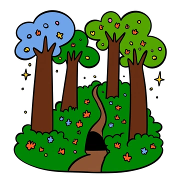 A magical forest with tall trees that have glowing, luminescent trunks and vibrant, colorful leaves. The trees are surrounded by a soft, ethereal light that illuminates the area. A narrow, winding path weaves through the forest, leading to a hidden escape route that is partially obscured by lush greenery and delicate flowers. The scene is filled with small, sparkling lights resembling fireflies that float gently around, enhancing the enchanting atmosphere of the forest.