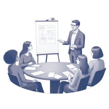 A group of individuals sitting in a semi-circle, engaged in a financial literacy workshop. The participants include a person with curly black hair, a woman with straight dark hair, an individual with short blonde hair, and another with long brown hair. They are actively listening and taking notes. At the front, an advisor stands with a confident posture, gesturing as they explain a concept on a whiteboard. The advisor has a warm smile and is wearing professional attire. Several notebooks and pens are visible on the table in front of the participants. Light is coming from overhead lamps, creating a well-lit atmosphere conducive to learning.