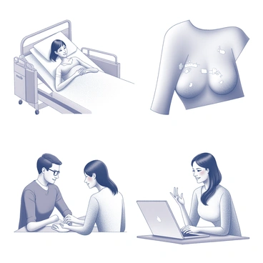 A series of images documenting the healing process after breast surgery. The first image shows a patient in a hospital bed, with medical equipment nearby and bandages on the chest area. The second image captures a close-up of the surgical site, with visible stitches and surrounding skin beginning to heal. The third image portrays the patient in a follow-up appointment, discussing recovery with a healthcare professional while sitting in a clinical environment. The final image depicts the patient at home, engaging in light activities and showcasing a positive expression, highlighting progress in recovery.