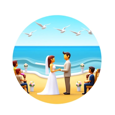A romantic beach wedding scene with a newlywed couple exchanging vows by the ocean. The couple is standing on a sandy beach, surrounded by a small gathering of guests. The ocean waves gently lap at the shore, creating a serene atmosphere. Seagulls are flying overhead against a clear blue sky. The bride is wearing a flowing white dress, and the groom is dressed in a light-colored suit. There are floral arrangements and decorations set up around the ceremony site, enhancing the romantic setting.