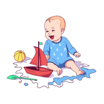 A baby boy is sitting on a soft white carpet while wearing a blue nautical-themed onesie decorated with anchor patterns. The onesie is snug-fitting, and the baby is laughing joyfully as he plays with a bright red toy boat. The boat is made of plastic, featuring a small sail and colorful details. The baby's tiny hands grasp the boat, and he occasionally looks up with a cheerful expression. Nearby, there are a few other nautical toys scattered around, including a yellow beach ball and a small green shovel.
