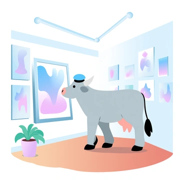 A sophisticated cow wearing a small beret is standing in an art gallery. The cow is looking curiously at a large painting that features abstract shapes and vibrant colors. Various paintings are displayed on the walls around the cow, showcasing different styles and subjects. The gallery has warm lighting that enhances the textures of the artworks. The floor is made of polished wood, reflecting the hues of the paintings. A small potted plant is positioned in the corner, adding a touch of greenery to the scene.