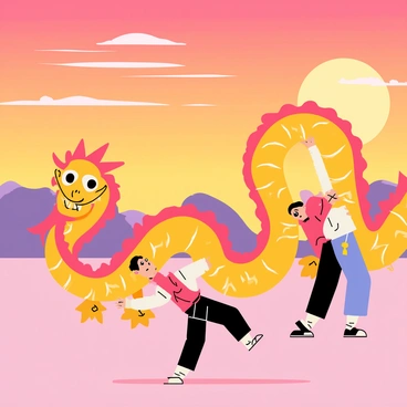 A barongsai dance featuring a colorful dragon costume is in the foreground. The dragon is depicted with vibrant red and yellow details, with large expressive eyes and a flowing mane. The dancers are in motion, showcasing dynamic poses as they manipulate the dragon's movements. In the background, a stunning sunset fills the sky with shades of orange, pink, and purple. The sun is setting on the horizon, casting a warm glow that highlights the silhouettes of the dancers and the dragon.