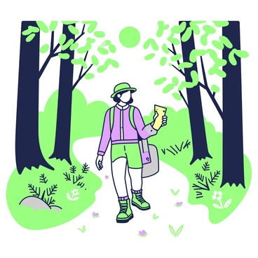 An explorer is walking down a forest path, with tall trees on both sides creating a natural canopy overhead. The explorer is wearing a rugged outfit suitable for outdoor adventures, including a backpack and sturdy boots. The path is lined with green ferns and small wildflowers peeking through the underbrush. Sunlight filters through the tree leaves, casting dappled shadows on the ground. The explorer holds a map in one hand and looks ahead, focused on the journey through the lush, vibrant forest.