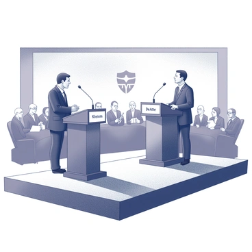 A political debate stage set up for a live event. The stage is equipped with two podiums positioned facing each other, each adorned with a nameplate displaying the candidates' names. The podiums are elevated slightly above the stage floor, and each candidate stands behind their podium, engaging in a heated exchange. Bright lights illuminate the scene, casting stark shadows on the floor and highlighting the seriousness of the debate. An audience is seated in the background, with some members visibly attentive and taking notes. A large backdrop is displayed behind the candidates, featuring a logo or emblem associated with the debate event.