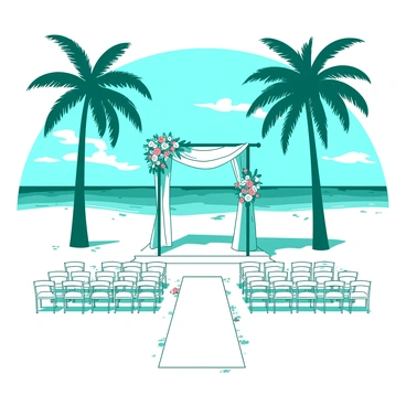A teal tropical beach wedding setup is arranged on a wide expanse of white sand. Tall palm trees are gently swaying in the breeze, framing the scene. In front of the palm trees, there is a decorated altar draped with white fabric, adorned with vibrant bouquets of flowers. Rows of white chairs are neatly placed on either side of the aisle, leading to the altar. The beautiful ocean is visible in the background, with waves gently lapping at the shore under a clear blue sky.