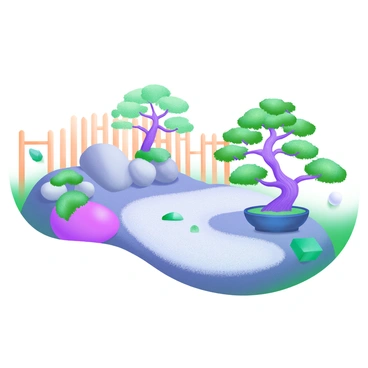 A modern pastel illustration depicting a tranquil Japanese zen garden. The garden features meticulously raked gravel patterns creating a sense of harmony. Scattered throughout the gravel are several bonsai trees, showcasing their intricate shapes and varied foliage. Beside the bonsai trees, there are smooth stones and small patches of vibrant green moss adding texture to the scene. In the background, a simple wooden fence complements the serene atmosphere of the garden.