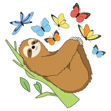 A cute sloth hanging lazily from a green branch. The sloth has fluffy brown fur and a gentle expression on its face. Surrounding the sloth is a vibrant cloud of butterflies, each with distinct colors and patterns. There are blue, yellow, red, and orange butterflies, fluttering gracefully around the sloth. Some butterflies are resting on the sloth's arms and head, while others are captured mid-flight. The background features a few green leaves and hints of a blue sky peeking through.