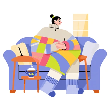 A person wearing oversized socks and a sweater, wrapped in a blanket on the couch