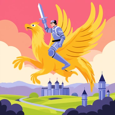 A brave knight in shining armor is riding a majestic griffin with golden feathers and powerful wings. The knight holds a gleaming sword high, and a proud expression adorns their face. Below them, a sprawling kingdom with tall stone castles and lush green fields stretches out, bathed in the warm hues of a sunset. The sky is filled with vibrant oranges, pinks, and purples, creating a dramatic backdrop for the scene. The griffin's fierce eyes and strong beak are visible as it soars gracefully through the colorful sky.