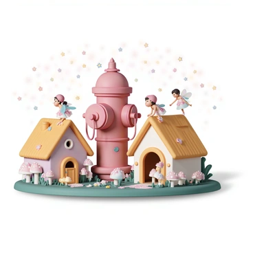 A tiny fairy village, featuring small, colorful houses with thatched roofs and flower gardens, is built around a whimsical fire hydrant. The fire hydrant, painted in bright red and adorned with glittering fairy lights, stands at the center of the village. Delicate fairies, with iridescent wings and flowing dresses made of petals, flit about the village. They are gathering around the hydrant, some are perched on its top, while others are tending to tiny gardens filled with glowing mushrooms and vibrant flowers. The sky above is a soft twilight, filled with twinkling stars, casting a warm glow over the enchanted scene.