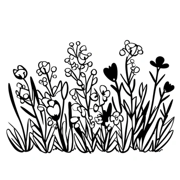 A field filled with a variety of flowers, prominently featuring "bluebonnets" in clusters. Surrounding the bluebonnets are other types of flowers with differing shapes and sizes. The ground is rich with detail, showing blades of grass interspersed among the flowers. A clear sky is visible above, adding to the freshness of the scene. The overall composition captures the abundance and diversity of a spring landscape.