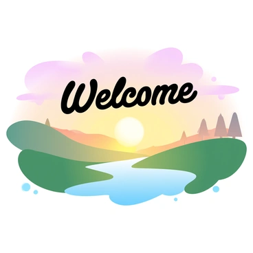 A sunrise casts warm, golden light over a tranquil landscape. Soft hills are blanketed in lush green grass, and a tranquil river reflects the early morning light. In the sky, the word "Welcome" is written in large, fluffy cloud letters. Hues of pink, orange, and yellow blend seamlessly as they stretch across the horizon. Silhouettes of distant trees can be seen against the vivid background. The atmosphere feels peaceful and inviting.