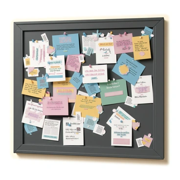 A community noticeboard, made of dark wood, filled with a variety of colorful posters and flyers. The board is overflowing with information, showcasing events, advertisements, and local announcements. Brightly colored flyers display information about upcoming community events, while handwritten notes are pinned in various colors, expressing messages from residents. Some notes are neatly written, while others are hastily scribbled. The board is surrounded by a beige wall, enhancing the vibrant appearance of the notes and flyers. Small pushpins and tacks are visible, holding the various elements securely in place.