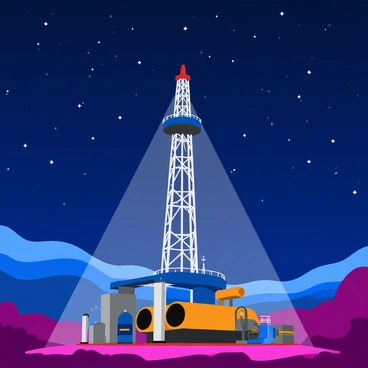 An oil drilling site illuminated by powerful lights under a starry night sky
