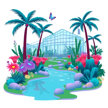 A 3D presentation of the "Brussels Botanical Garden" showcasing "exotic plants and flowers." The scene captures a variety of vibrant, rare blossoms with rich colors such as deep blues, bright reds, and vivid yellows. Towering palms with large fronds provide a lush backdrop, interspersed with unique cacti and ferns. A winding path meanders through the garden, lined with ornamental stones. Brightly colored butterflies flutter above the blossoms, while a sparkling pond reflects the greenery surrounding it. In the background, a modern glass greenhouse glimmers, housing even more exotic specimens, under a clear blue sky.