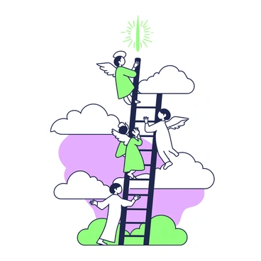 A tall ladder extends from the ground into the sky, reaching towards a bright light above. The ladder is detailed with rungs and appears to be sturdy. On this ladder, several angels are in the midst of movement; some are ascending towards the light, while others are descending downwards. Each angel has distinct features, including flowing robes and wings, contributing to the dynamic scene. The background features a gradient of clouds surrounding the ladder, enhancing the ethereal atmosphere of the image. Above the ladder, the light source radiates a soft glow, illuminating the angels and casting gentle shadows on the ladder itself.