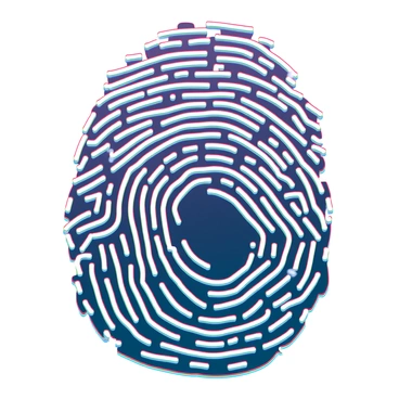 A large, detailed fingerprint pattern prominently displayed in the center. The intricate lines and loops of the fingerprint are filled with a dense arrangement of tiny ones and zeros, creating a digital effect throughout the print. The background is a smooth, muted color that contrasts with the bold black of the fingerprint and the white of the binary code. The tiny ones and zeros are clearly defined, creating an illusion of depth and texture within the fingerprint design.