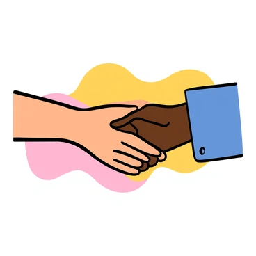 Two hands, one with light skin and the other with dark skin, are reaching out towards each other for a handshake. The hands are positioned in the center of the image, with the fingers slightly curved as they approach one another. The background features soft, blended colors that suggest a calm atmosphere, enhancing the sense of connection and unity between the two hands.
