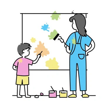 A mother and her young son are standing side by side in front of a large wall. The wall is covered with a vibrant mural featuring various shapes and colors. The mother, wearing a blue shirt and denim overalls, is holding a paintbrush and is applying bright green paint to the mural. The son, wearing a red t-shirt and yellow shorts, is using a smaller brush to add a splash of orange. There are paint containers on the ground in an assortment of colors, and both of them have paint splatters on their clothes, indicating their creativity and involvement in the project.