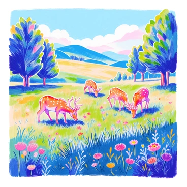 A wildlife reserve features a vast, green meadow with soft grass under a clear blue sky. In the foreground, a group of deer, including a stag with impressive antlers and several doe, are grazing peacefully. The deer have a light brown coat with white spots. Surrounding the meadow are clusters of tall trees with lush green foliage. A few wildflowers with vibrant colors are scattered throughout the grass, adding detail to the serene landscape. In the distance, a gentle hill rises, complementing the tranquil scene.