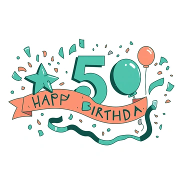 A large "5" is prominently featured in the center of a birthday banner. The banner is decorated with colorful streamers in teal and orange. Surrounding the number, there are various festive elements, including balloons and stars in matching colors. The edges of the banner have a fun pattern of confetti, adding to the celebratory atmosphere. The overall design is vibrant and eye-catching, perfect for a birthday celebration.