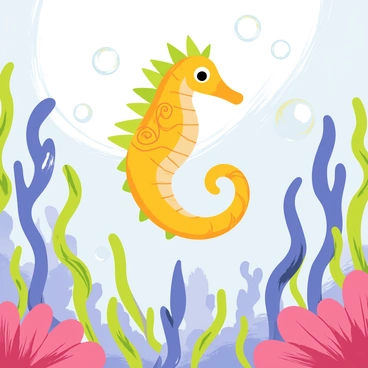 A vibrant seahorse with intricate details, such as swirling patterns on its body, is swimming amidst a cluster of translucent bubbles. The bubbles vary in size, some small and round, others larger and elongated. The underwater forest is filled with tall, whimsical seaweed swaying gently with the currents. Colorful coral formations are visible in the background, creating a lively underwater scene. Sunlight filters through the water, casting soft beams that illuminate the surroundings, enhancing the sense of a dreamy atmosphere.