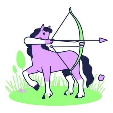 A centaur in a grassy meadow gracefully preparing to shoot an arrow
