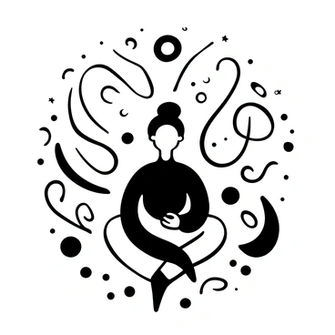A figure sitting cross-legged in a meditative posture. Surrounding the figure are swirling patterns and geometric shapes, radiating outward from the head. The shapes are varied, with some resembling spirals and others appearing as flowing lines. There are concentric circles and star-like forms interspersed among the swirls, creating a dynamic composition around the figure. The entire scene is presented in black and white, highlighting the contrast between the solid figure and the intricate patterns around it.