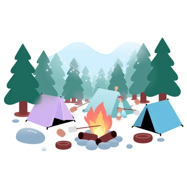 A campsite is situated in a dense forest, surrounded by tall, lush trees. Several tents in various colors are set up, with some positioned close to each other and others more spread out. In the center, there is a campfire with glowing embers, surrounded by large stones. A group of people is gathered around the campfire, holding long sticks with marshmallows skewered on the ends, directly over the flames. Some of the tents are decorated with string lights, adding a warm ambiance to the scene. A few logs are placed around the campfire for seating. The atmosphere is filled with the smoke from the fire and the scent of roasting marshmallows.