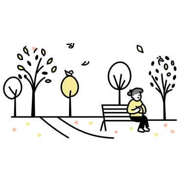 A cozy line drawing of a park in autumn with leaves falling from the trees